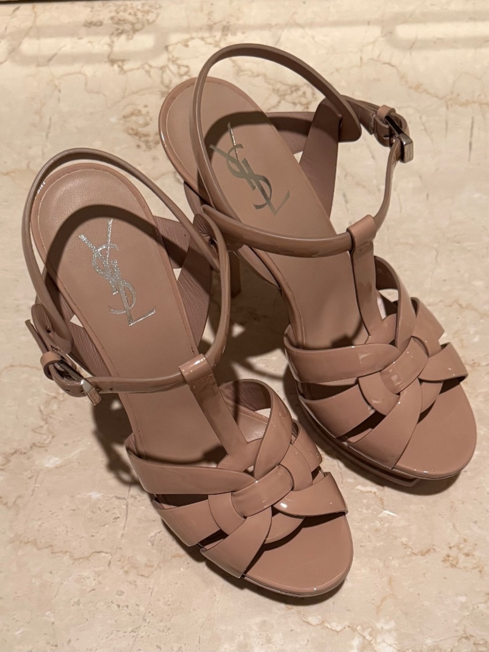 SAINT LAURENT Women's Tribute Platform Sandals - Patent Beige Size 39